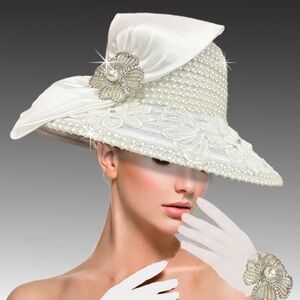 Beloved Millinery Couture Elegant White Pearl Jeweled Hat w/ Matching Gloves